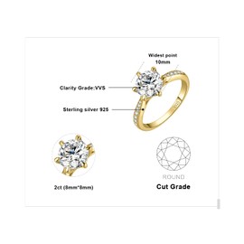 JewelryPalace Classic 2ct Cubic Zirconia Solitaire Engagement Rings for Women, 925 Sterling Silver Yellow Gold Promise Ring for Her, Round Cut Simulated Diamond Anniversary Wedding Rings Size 7