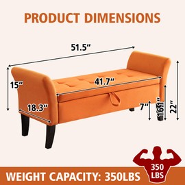 NIOIIKIT 51.5” Storage Ottoman Bench, Velvet Upholstered Entryway Bench, End of Bed Button Tufted Ottoman Bench, Bedroom Bench with Flip Top for Bedroom, Living Room (Orange)