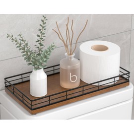 Toilet Paper Basket Organizer – Oak Wood Toilet Tank Tray with Metal Frame, Back of Tank or Top Bathroom Counter Storage – Black & Brown Modern Decor