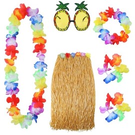 BJAINGEXK 6-piece Hawaiian wreath 60cm grass colored children's hula dress set Pineapple Flower Holiday Hawaiian Party