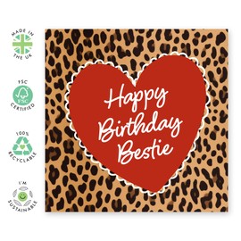 Birthday Card Classic Leopard Spots Design - 'Happy Birthday Bestie Leopard' - Gifts for Her, BFF, Sister, Women - Red Heart - Comes with Fun Stickers