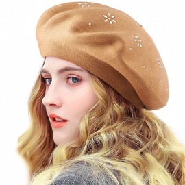 LADYBRO Light Tan Beret for Women - Spring Autumn Knit Hat Classic Wool Berets 2 Layers (Light Tan (Floral Pattern))…