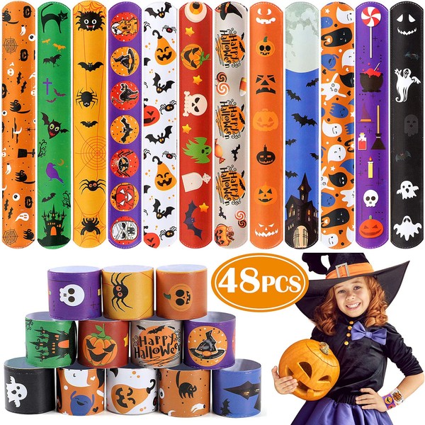 48 PCS Halloween Slap Bracelets for Kids Snap Bracelets Bulk with Spider Pumpkin Ghost Animal Print Craft Halloween Party Favors Birthday Gifts