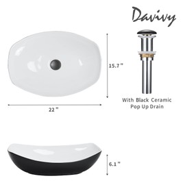 Davivy 22" x 15.7'' Large Matte Black Vessel Sink with Pop Up Drain,Oval Bathroom Vessel Sinks,Ceramic Bathroom Sinks Above Counter,Matte Black and White Vessel Sink for Bathrooms(Large)