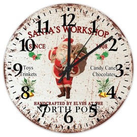 Small Wall Clock Santa's Workshop Living Room Accessories Silent & Non-Ticking Arabic Numeral Xmas Holiday Decor Round Clock for Farmhouse Living Room Bedroom Kitchen Home 12 Inch