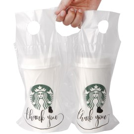 Camtoms Drink Carrier Bag - 100pcs 2 Cup Carrier with Handle for Delivery Drivers - 32oz Cup Holder Bag for Beverages - Plastic Drink Bags for Food Delivery