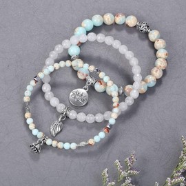 JSDDE Jewellery Wrap Bracelet Multilayer Bracelets Set Friendship Bracelet Partner Bracelets Made of Gemstones Healing Stones with Lotus Leaves Pendant for Women, Base Metal, Kaiser Jasper