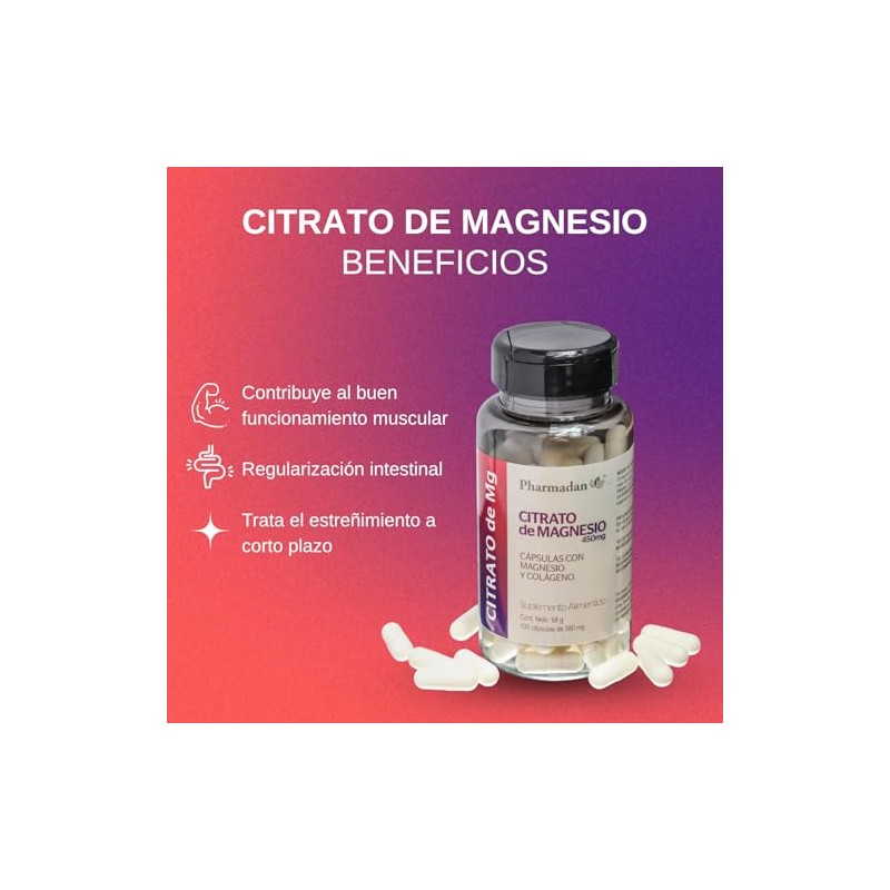 Citrato de Magnesio, 100 cápsulas de 450mg de Citrato de