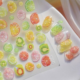 IDDFEVE Embossed Fruit Nail Art Stickers - 5D Shell Light Half-Cut Lemon Orange Kiwifruit Design Self-Adhesive Realistic 3D Effect Nail Decals for Little Girls Kids DIY Summer Manicure (1 Sheets)