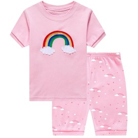 EULLA Pyjamas For Girls Short Sleeve Nightwear Rainbow Printed Cotton Kids Cute Pjs Pink Clothes Age 6-7 Years