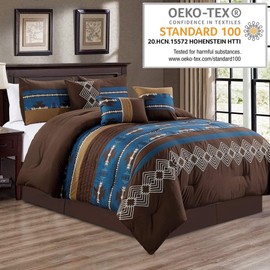 WPM 7 Piece Western Southwestern Native American Design King Size Comforter Set Navy Coffee Brown Bed in a Bag Navajo Bedding - Makala (Navy Blue, King)