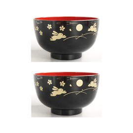 JapanBargain, 4-Pack Japanese Lacquer Rice Bowls, Bunny & Moon Pattern, Black/Red Miso Soup & Salad Bowls, 4.25-Inch, Made in Japan