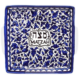 Armenian Ceramic Matzah Plate, Blue Flowers Design, 27 x 24 centimetres