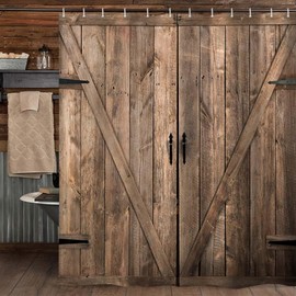 JAWO Barn Door Shower Curtains, Farmhouse Rustic Wooden Door on Ranch, Fabric Bathroom Curtain Set with Hooks, Waterproof 60x70inches