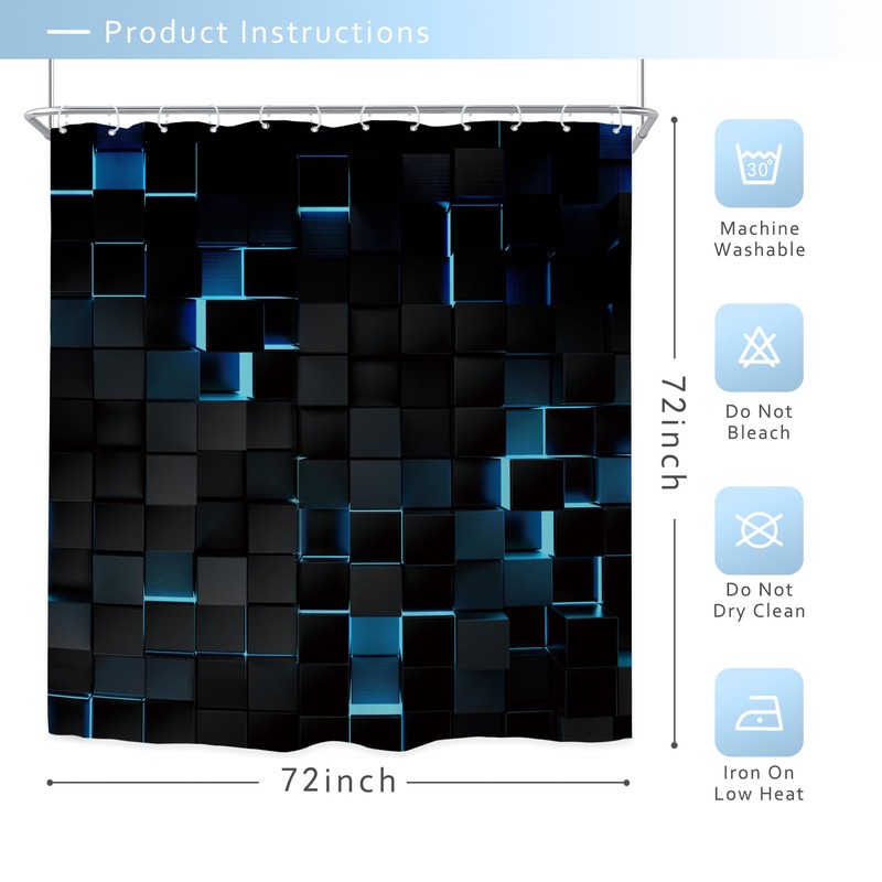 Riyidecor Blue Black Shower Curtain 72Wx72H Inch Abstract Navy Brick
