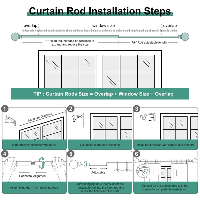 QDWIS Black Curtain Rods for Windows 72 to 144 Inch,1''