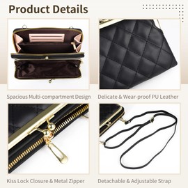Kiss Lock Wallet, Small Crossbody Purse with Detachable Strap, Black Quilted Slim Clutch Purse, PU Leather Credit Card Holder, ID Card Case for Women, Black