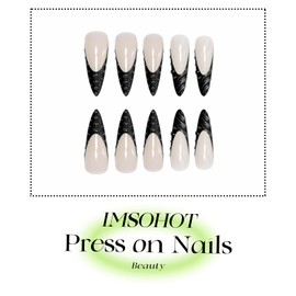 IMSOHOT Press on Nails - Long Stiletto Fake Nails Black French Tips False Nails with 3D Designs Full Cover Glossy Gel Handmade Glue on Nails Acrylic Nail Supplies