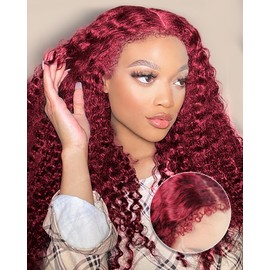 MENTOR 4C Edges Lace Front Wig Deep Wave Burgundy Human Hair 13x4 99j Red Lace Frontal Wigs Deep Curl with Kinky Edges Pre-Plucked 180% Density 24 inch