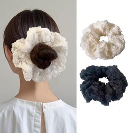 HAPVITAL Chou Chou Chiffon Chou Stylish Adult Hair Rope Hair Elastic Adult Elegant Hair Accessory Satin Simple Hair Accessory Hair Ornament Large Solid Extra Large (Lace)