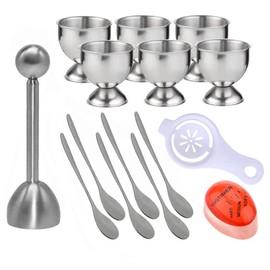 Egg Cracker Topper Set for Soft Boiled Eggs Includes 1 Stainless Steel Egg Topper 6 Egg holder cups 6 Egg Spoons 1 Egg Timer 1 Egg Yolk Separator