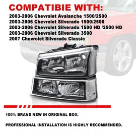 ISHARINGAUTOPARTS Headlight Assembly w/Tail Lights Set compatible with 2003 2004 2005 2006 Chevy Silverado 1500 2500 3500,Black Housing Headlamp w/Red Taillights Rear Brake Lamp