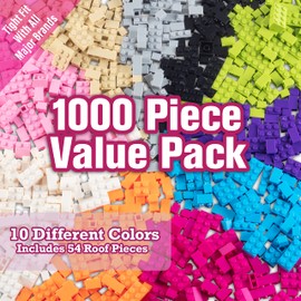 Building Bricks - 1000 Pc "Big Bag of Bricks" Bulk Pastel Friends-colored Blocks with 54 Roof Pieces - Tight Fit with