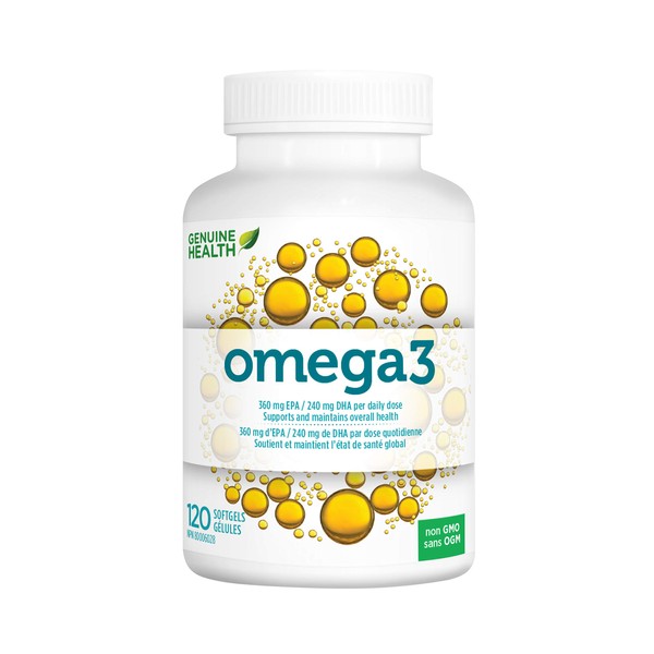 Genuine Health Omega3+ Daily, 120 softgels, 360mg EPA, 240mg DHA, Supports healthy heart and brain function, Wild-caught, Non-GMO