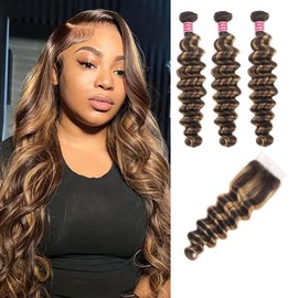 Ombre Highlight Bundles Human Hair with 4x4 Lace Closure Free Part12 141 6+12free Brazilian Loose Deep Human Hair 3 Bundles with Closure Highlight Brown Blonde Colored Bundles and Closure