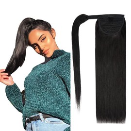 14 inch Ponytail Extension Human Hair 70g #1B Natural Black 100% Remy Hair Ponytail Long Straight Wrap Around Ponytail Clip in Hair Extensions One Piece Hairpiece for Women