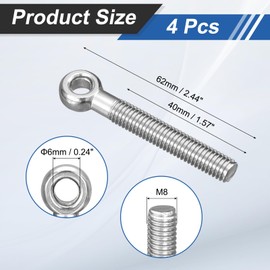 sourcing map 4Pcs M8 x 55mm Lifting Eye Bolts, 304 Stainless Steel Machinery Shoulder Swing Bolt Lifting Ring Eyebolt for Pipeline Gate Valves, Building Steel Pipe Fasteners, Silver