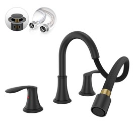 Phiestina Matte Black Bathroom Faucet,8 Inch 3 Hole Bathroom Faucet Pull Down,Pull-Out with Sprayer, Metal Pop-Up Drain, 2 Handles for Three-Hole Faucet Widespread,WFTY36CL-MB
