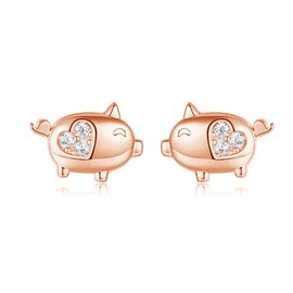 Crystal Love Heart Cute Pig Sterling Silver Studs Earrings for Women Sensitive Ears Tiny Animal Pet Lucky Post 14K Rose Gold