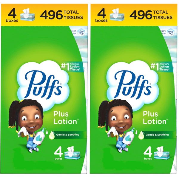 Puffs Plus Lotion Facial Tissues, 4 Family Boxes, 124 tissues