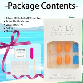 Flower Press on Nails Short Square Nails Press Ons Nude Fake Nails Glossy with Design False Nails Full Cover Nail Accessories Summer Stick on Nails Reusable Acrylic Nails for Women 24Pcs