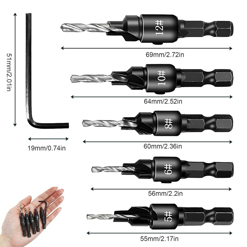 Countersink Drill Bit Set 5pcs, HSS Wood Drill Bits with