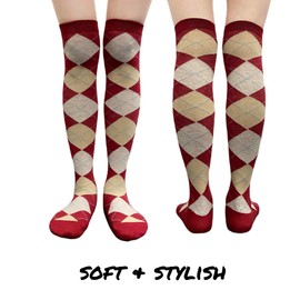 COUVER Women's Thigh High/Over Knee Fashion Argyle Socks, Cardinal/Beige/Ash, Medium, 1 Pair