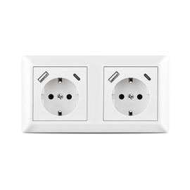 Sasudose Double Socket with 2 USB Ports and 2 Type C, System 55 Pure White Glossy USB Socket Flush-Mounted Fits Standard 2-Way Flush-Mounted Wall Socket for Smartphone, Socket Depth Only 32 mm