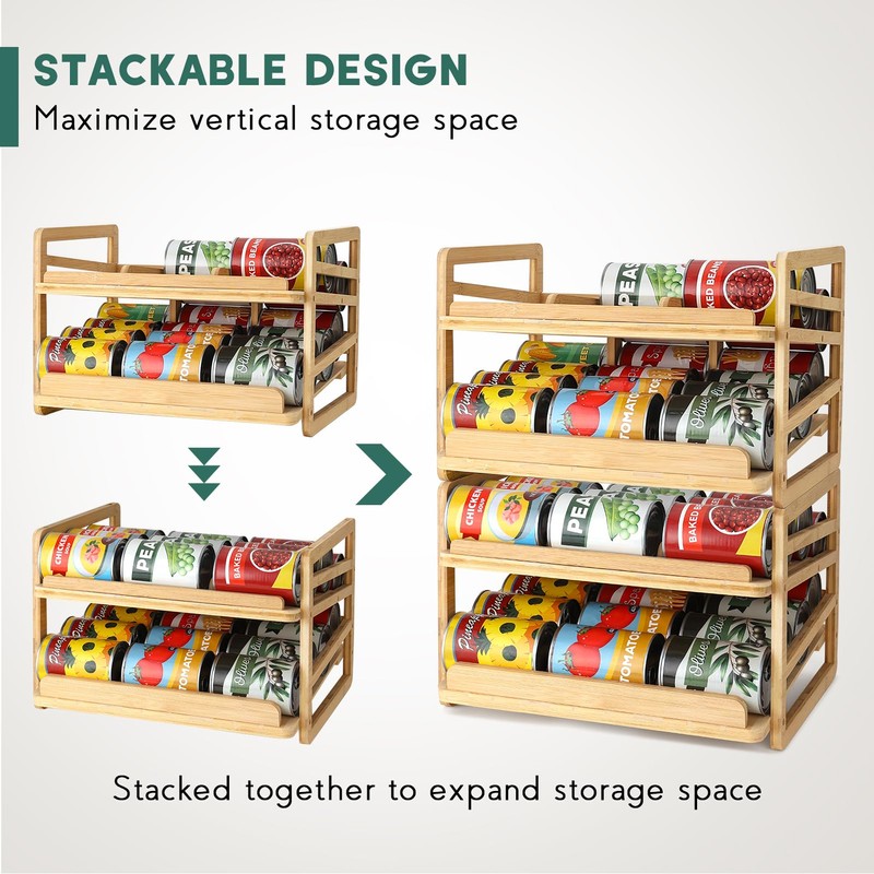 Yumkfoi Rolling Bamboo Can Organizer Rack, Stackable Double-Layer Can Organizers