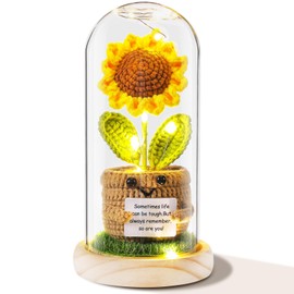 Honoson Valentine's Day Sunflower Gifts for Women Crochet Sunflower Gifts for Her Wife Girlfriend Mom Light up Sunflower in Glass Dome Gift for Birhday