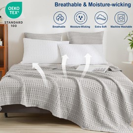 PHF 100% Cotton Waffle Weave Blanket King Size, Lightweight Washed Cotton Blanket for Spring & Summer - 108"x90" Aesthetic Soft Woven and Breathable Blanket for Bed Sofa Home Decor - Light Grey