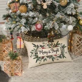 AVOIN colorlife Christmas Merry & Bright Eucalyptus Mistletoe Throw Pillow Cover, 12 x 20 Inch Winter Holiday Cushion Case Decoration for Sofa Couch