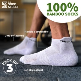 The Sock Street Bamboo Socks Mens 9-12, Bamboo Trainer Socks, 3 Pairs Multipack, Trainer Ankle Length Cushion Thick Breathable for Sports & Athletics - White