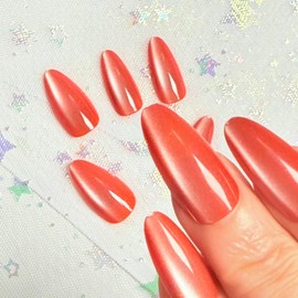 XIUXIULAN Press on Nails, Cat eye Solid Almond False Nails, Blue Red Green 12 Size Glossy Soft Gel 24 Pcs (Red, Medium)