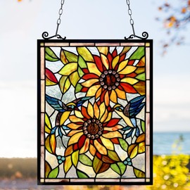 Capulina Sunflower and Birds Stained Glass Panels Window Hangings Tiffany Style Traditional Art Handcrafts for Home Decor and Gifts