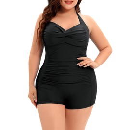 Century Star Traje de baño de talla grande para mujer, traje de baño de una pieza con control de abdomen, traje de baño retro con pierna de niño, Negro, 14-16 Plus
