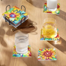 TDOOW Square Diamond Art Coasters Set of 8 with Holder Sunflower Diamond Painting Coasters Kits for Adults Cork Pads DIY Diamond Coaster for Adults Diamond Art Coasters Kits