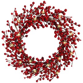18 Inch Pre-lit Red Holly Berry Christmas Wreath for Front Door