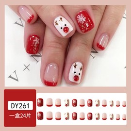 Christmas Elk Fake Nails Winter Snowflake Press on Nails with Red French Tip Design Glue on Nails Glossy Short Square Acrylic Nails for Women Girls Xmas Nail Art