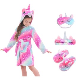 CHETOSHO Soft Unicorn Hooded Robe with Matching Slippers Headband and Blindfold for Girls - Pink/Rose Stars 10-12 Years